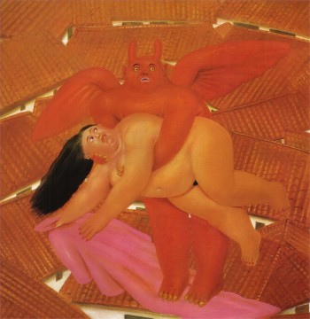 three women at the table by the lamp Painting - Woman Abducted by the Demon Fernando Botero